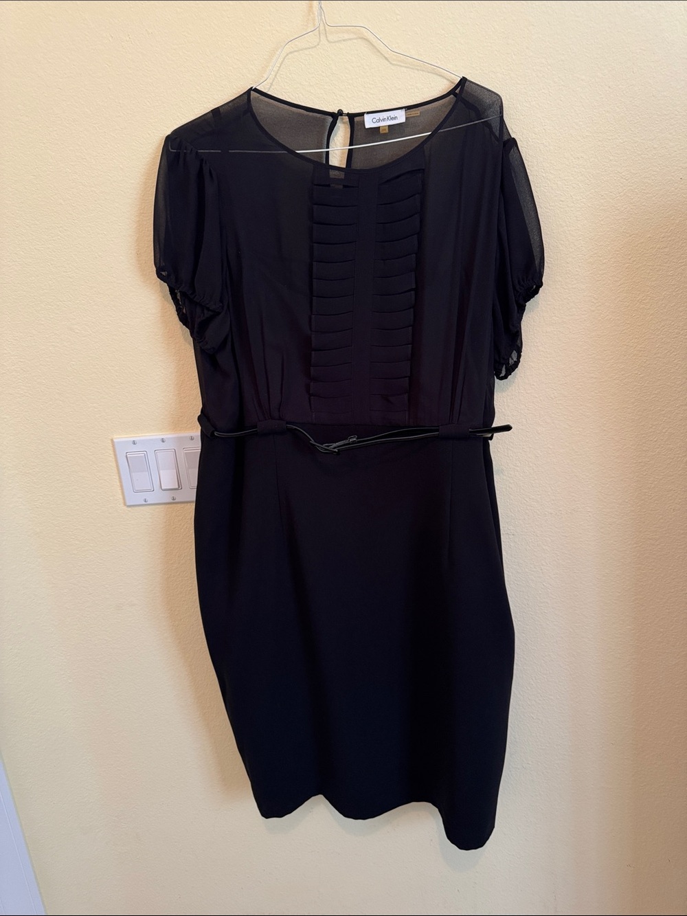 Calvin Klein Black Mini Dress with Sheer Yoke and Belt